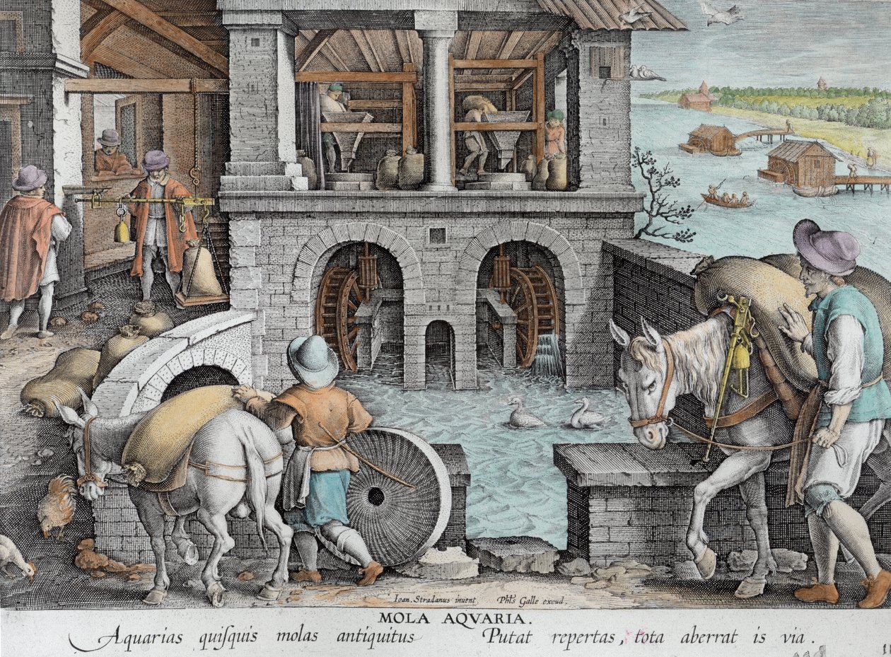 Um moinho de água, prato 11 de &39;Nova Reperta&39; (novas descobertas) gravada por Philip Galle (1537-1612) c.1600 (posterior coloração) de Jan van der Straet
