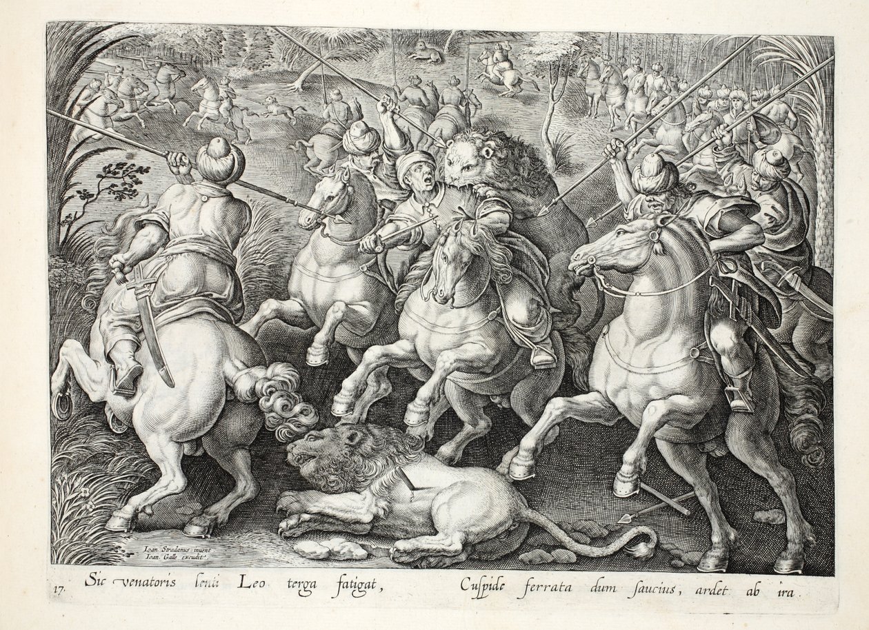 Um leão caça com lanças, ilustração de &39;Venationes, Ferarum, Avium, Piscium&39; (de caça: feras, aves, peixes), gravada por Jan Collaert (1566-1628), pub. por Phillipus Gallaeus, Amsterdã (en de Jan van der Straet