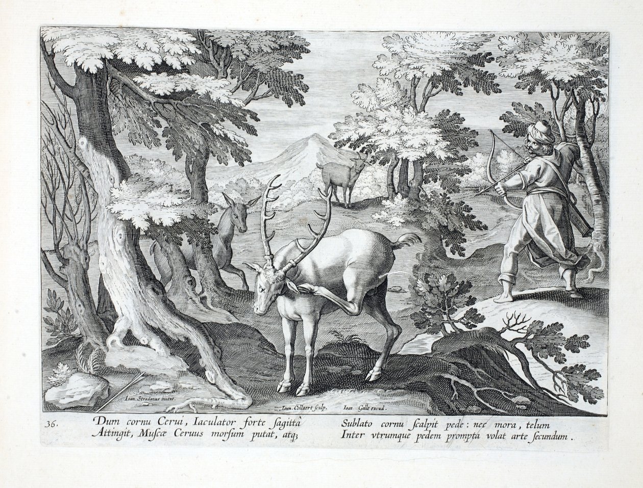 Quando um cervo arranha seus chifres com o pé, um caçador, com os dois pés para frente, lança uma flecha no ar, ilustração de "Venationes, Ferarum, Avium, Piscium" (De Caça: Animais Selvagens, Pássaro de Jan van der Straet