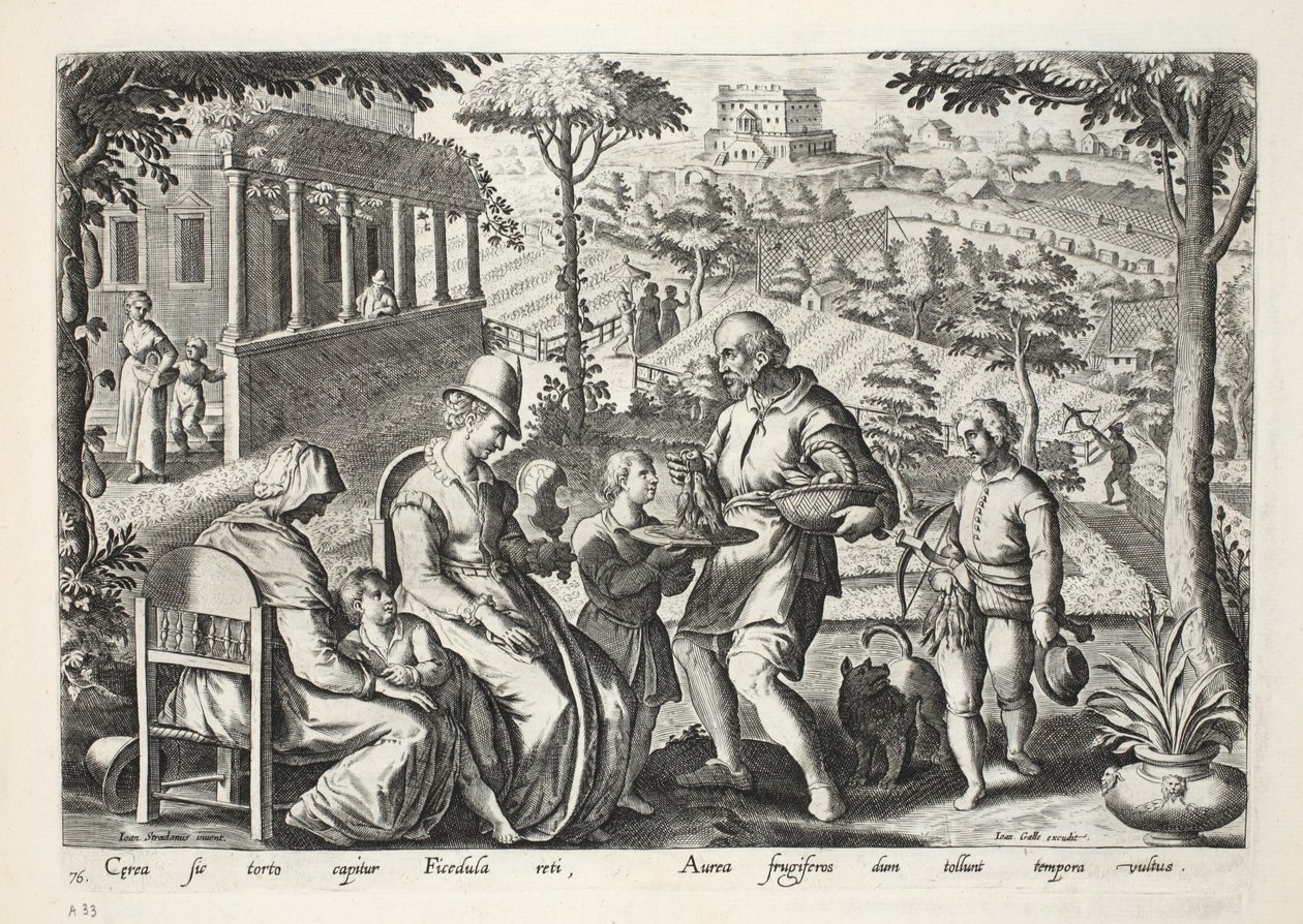 Birdcatchers vendendo aves mortas, placa 76, ilustração de &39;Venationes, Ferarum, Avium, Piscium&39; (de caça: feras, pássaros, peixes), gravada por Jan Collaert (1566-1628), pub. por Phillipus Galla de Jan van der Straet