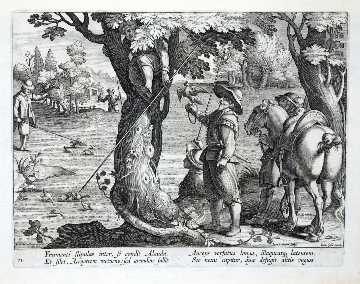 Birdcatchers que usa as hastes com anéis para travar pássaros, ilustração de &39;Venationes, Ferarum, Avium, Piscium&39; (da caça: Bestas selvagens, pássaros, peixes), gravada por Jan Collaert (1566-1628), bar. por Phil de Jan van der Straet