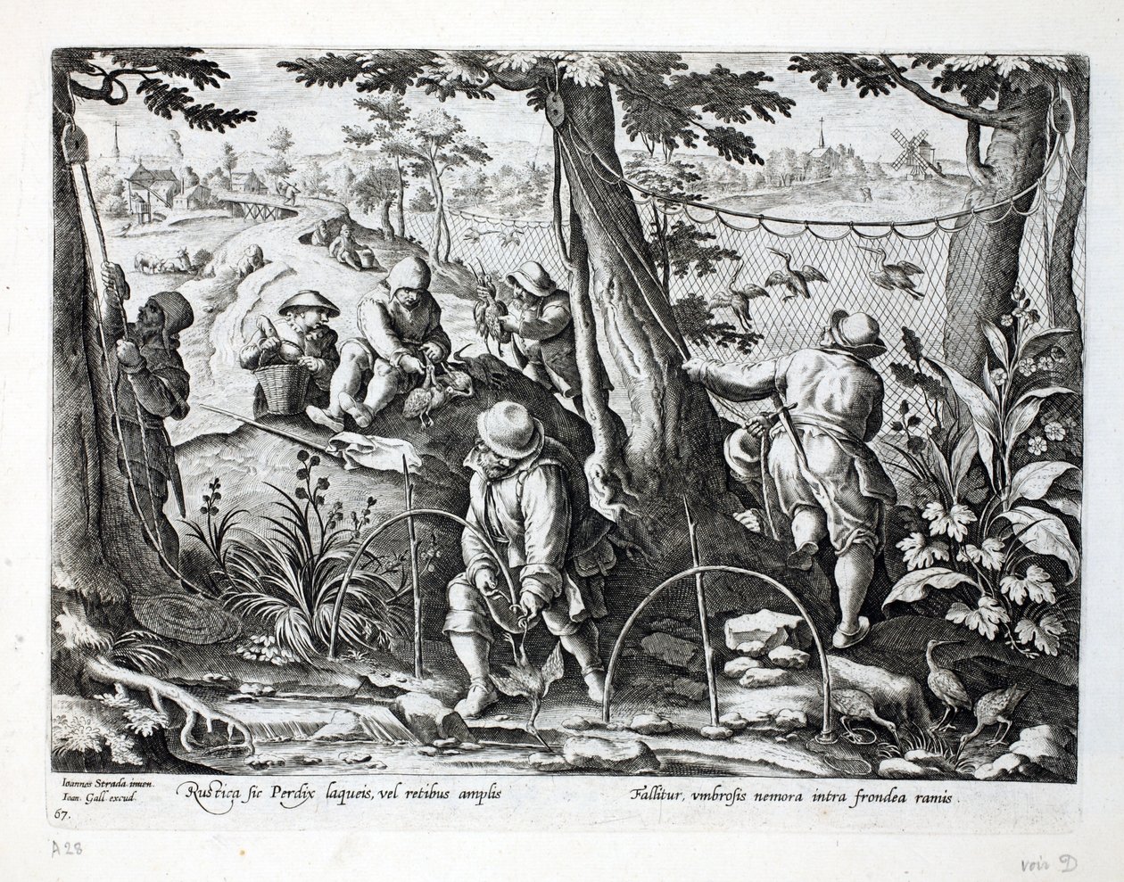 Birdcatchers que usam armadilhas para travar a perdiz, ilustração de &39;Venationes, Ferarum, Avium, Piscium&39; (da caça: Bestas selvagens, pássaros, peixes), gravada por Jan Collaert (1566-1628), bar. por Phillipus Gal de Jan van der Straet