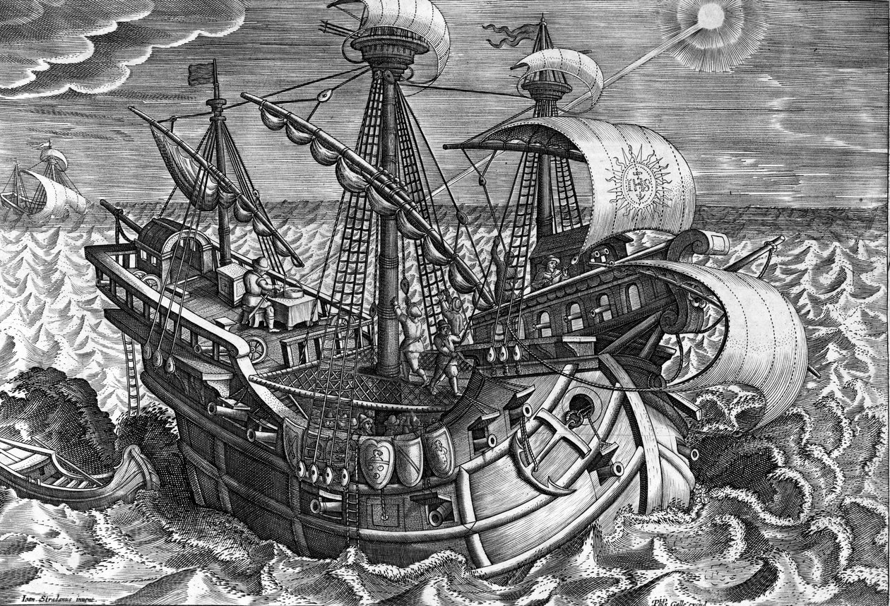 Cálculo da longitude com a Declinação do Sol, placa 17 de &39;Nova Reperta&39;, gravada por Philip Galle, c.1580-1605 de Jan van der Straet