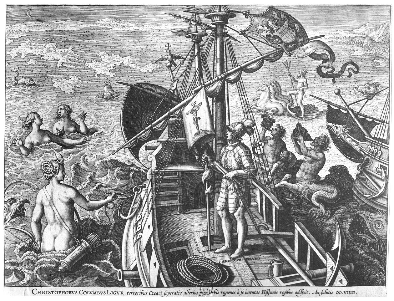 Cristóvão Colombo (1451-1506) a bordo de sua caravela, descobrindo a América de Jan van der Straet