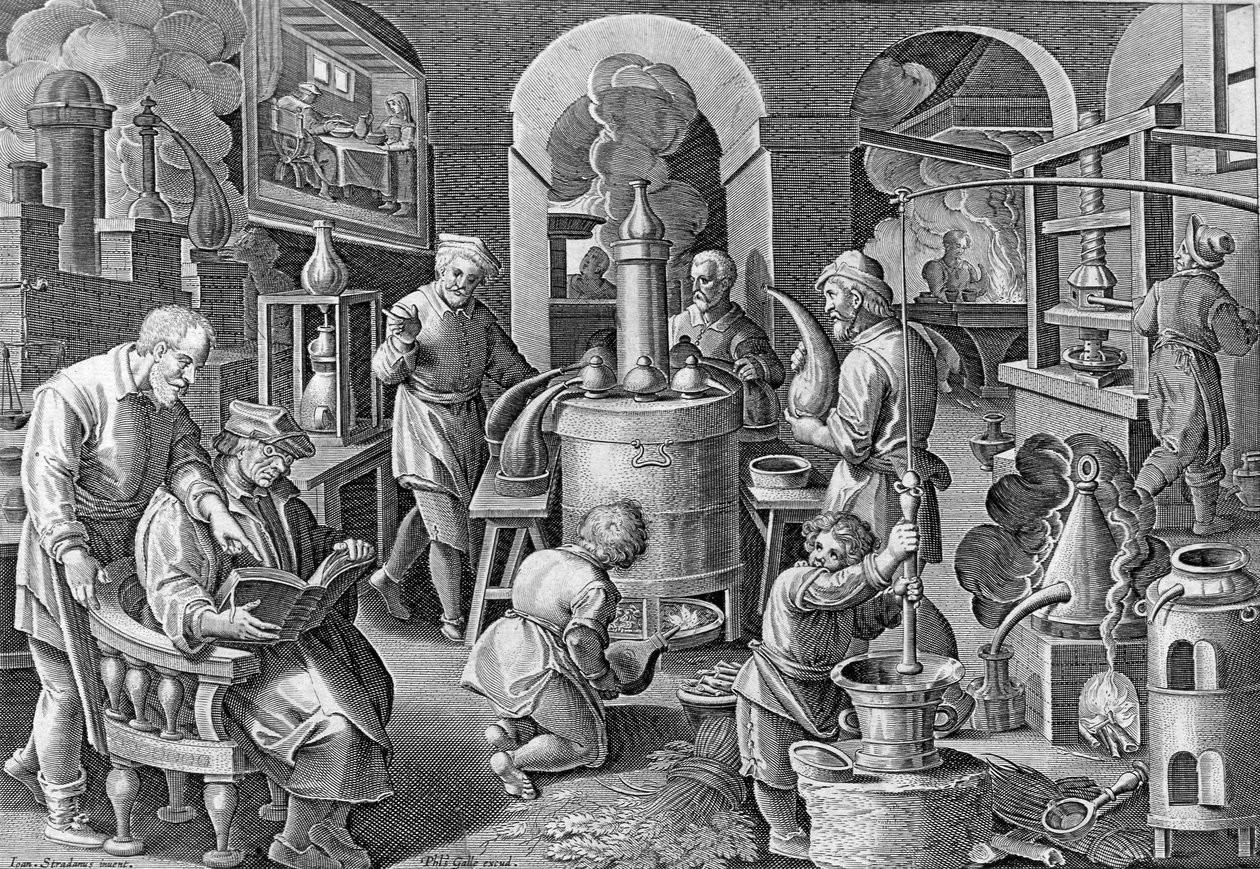 Distillato, prato 7 de &39;Nova Reperta&39;, gravado por Philip Galle, c.1580-1605 de Jan van der Straet