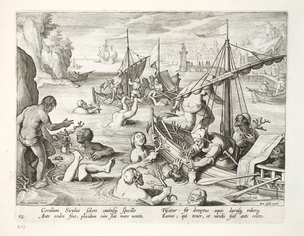 Mergulho para Coral, placa 92, ilustração de &39;Venationes, Ferarum, Avium, Piscium&39; (de caça: feras, pássaros, peixes), gravada por Jan Collaert (1566-1628), pub. por Phillipus Gallaeus, Amsterdã de Jan van der Straet