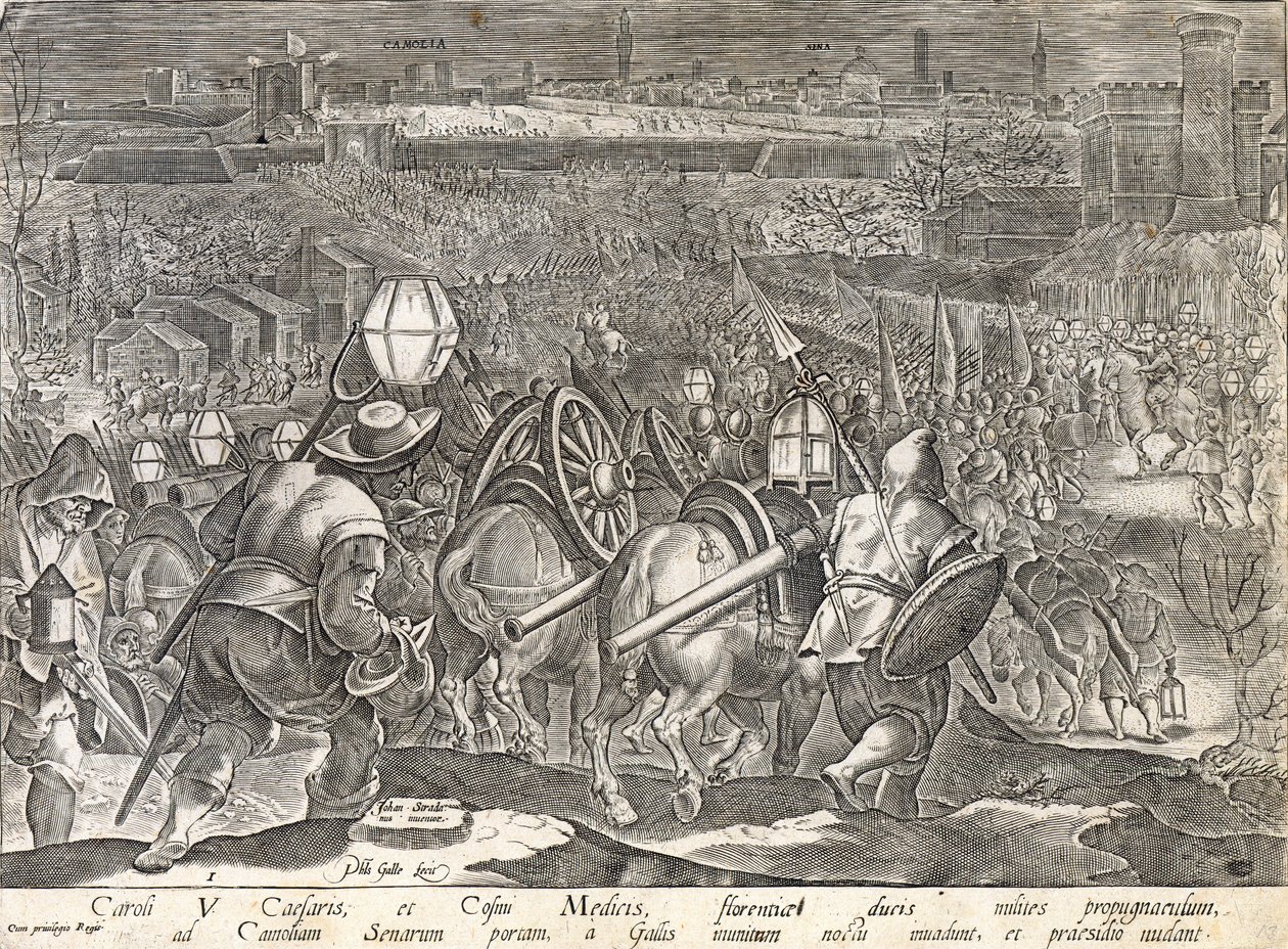 Imperador Carlos V e Cosimo I de &39;Medici em Porta Camollia, Siena, placa de&39; A História dos Medici &39;, gravada por Philip Galle (1537-1612), c.1583 de Jan van der Straet