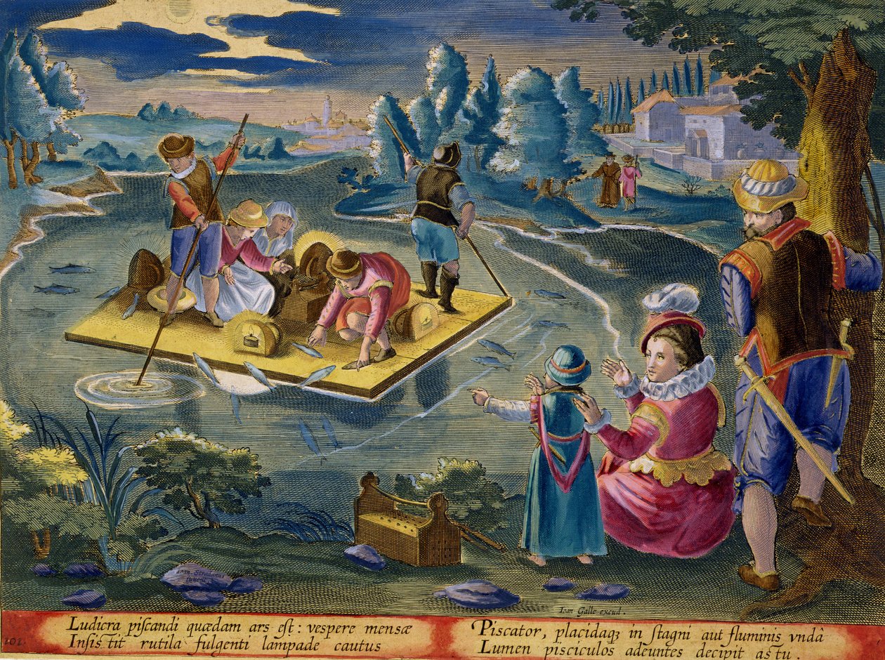 Pesca em um lago à noite, placa 101 de &39;Venationes Ferarum, Avium, Piscium&39; (de caça: feras, pássaros, peixes) gravada por Jan Collaert (1566-1628) publicado por Phillipus Gallaeus de Amesterdão de Jan van der Straet