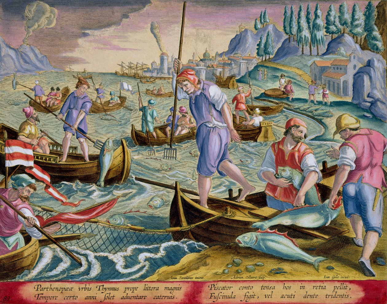 Pesca com Redes e Tridentes na Baía de Nápoles, placa 89 de &39;Venationes Ferarum, Avium, Piscium&39; (De Caça: Animais Selvagens, Pássaros, Peixes) gravada por Jan Collaert (1566-1628) publicado por Phillip de Jan van der Straet