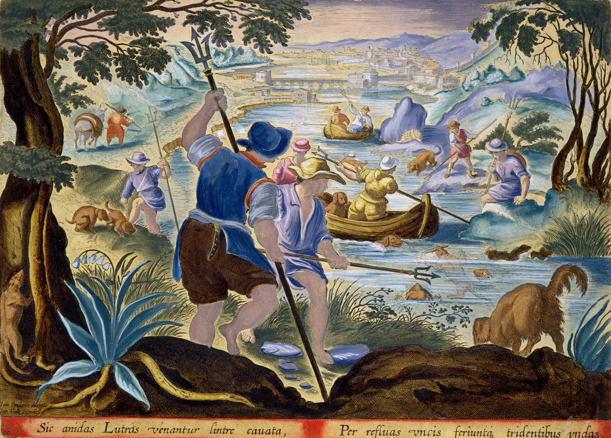 Pesca com Tridentes, placa 90 de &39;Venationes Ferarum, Avium, Piscium&39; (De Caça: Animais Selvagens, Pássaros, Peixes) gravada por Jan Collaert (1566-1628), publicada por Phillipus Gallaeus de Amsterdã (mão de Jan van der Straet