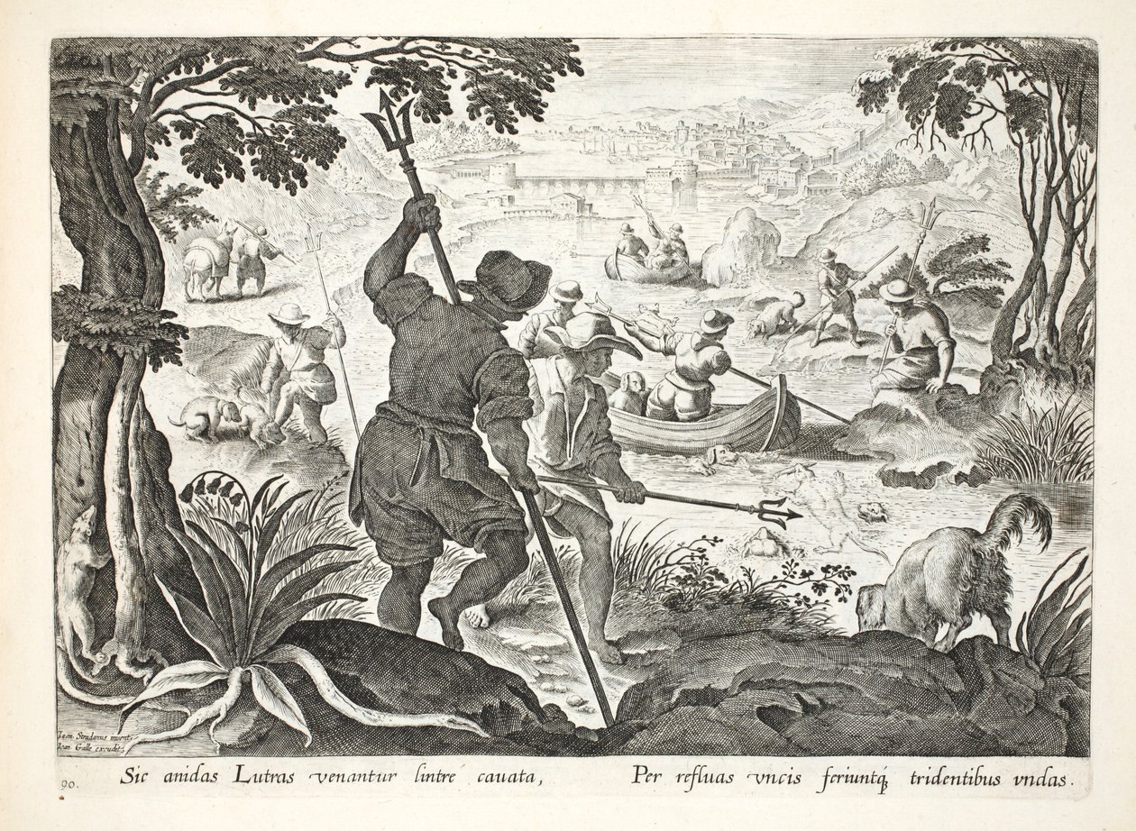Pesca com Tridentes, placa 90, ilustração de &39;Venationes, Ferarum, Avium, Piscium&39; (de caça: feras, pássaros, peixes), gravada por Jan Collaert (1566-1628), pub. por Phillipus Gallaeus, Amste de Jan van der Straet