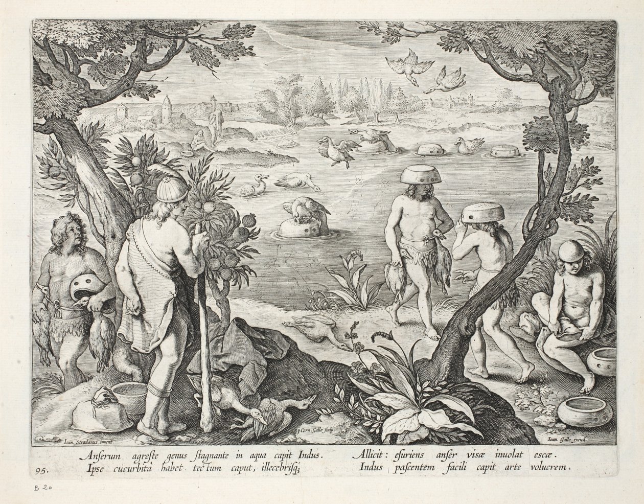 Método indiano de captura de gansos em águas rasas, colocando uma cabaça na cabeça com uma isca de comida no topo, placa 94, ilustração de &39;Venationes, Ferarum, Avium, Piscium&39; (de caça: animais selvagens de Jan van der Straet