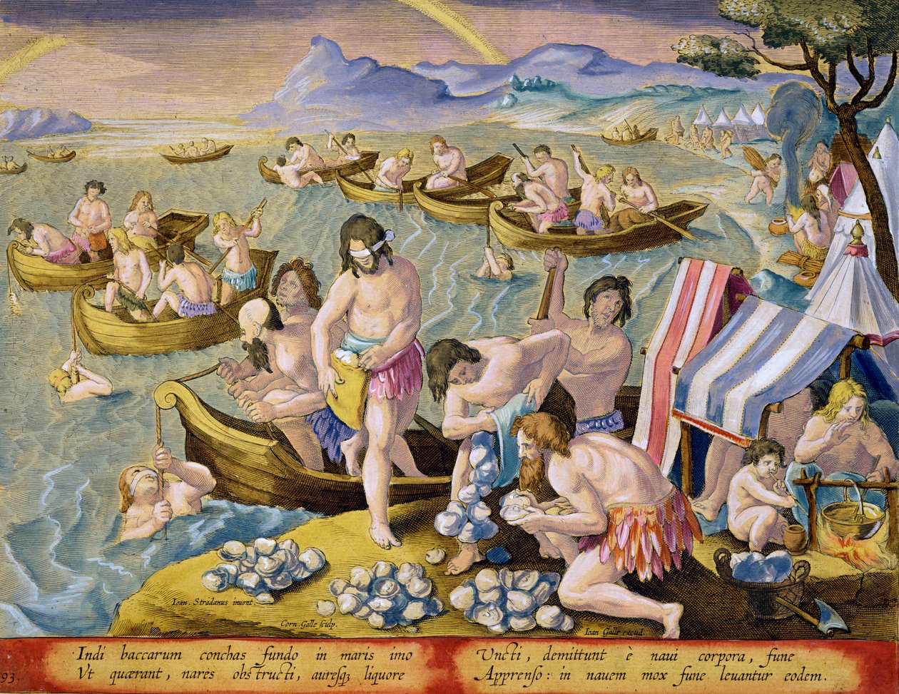 Índios de mergulho de pérolas, placa 93 de &39;Venationes Ferarum, Avium, Piscium&39; (De caça: feras, aves, peixes) gravada por Jan Collaert (1566-1628) publicado por Phillipus Gallaeus de Amesterdão ( de Jan van der Straet