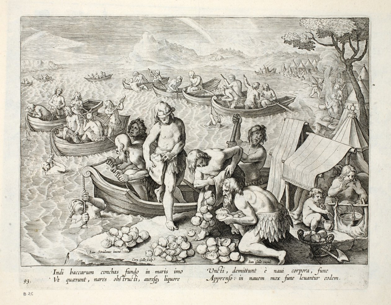 Índios, mergulho, para, pérolas, prato, 93, ilustração, de, &39;Venationes, Ferarum, Avium, Piscium&39;, (Of, Hunting :, selvagem, Beasts, Birds, Fish), gravado, por, janeiro, Collaert, (1566-1628), pub. por Phillipus Gallaeus, A de Jan van der Straet