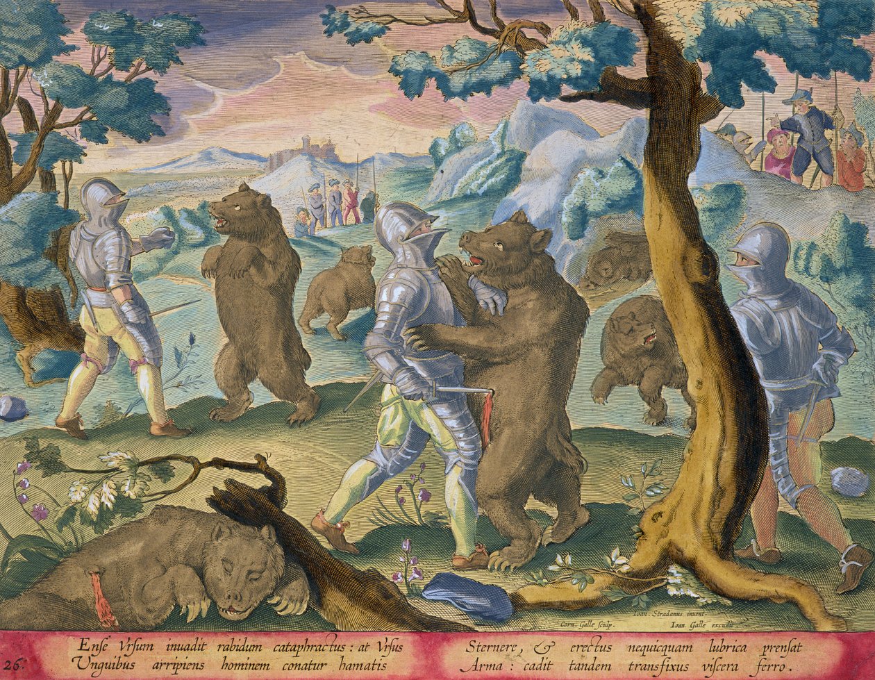 Homens em Armadura Pesada Ataque Ursos apunhalando-os no Vital, placa 26 de &39;Venationes Ferarum, Avium, Piscium&39; (De Caça: Animais Selvagens, Pássaros, Peixes) gravada por Jan Collaert (1566-1628) publishe de Jan van der Straet