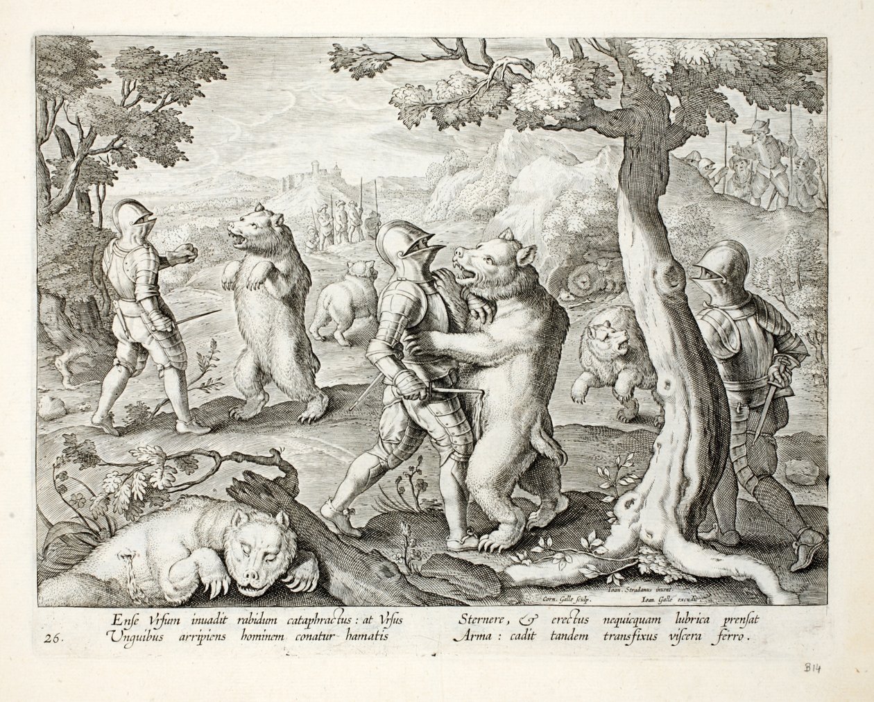 Homens com armadura pesada atacam ursos esfaqueando-os nos órgãos vitais, ilustração de "Venationes, Ferarum, Avium, Piscium" (De Caça: Animais Selvagens, Pássaros, Peixes), gravada por Jan Collaert (1566-1628), p de Jan van der Straet