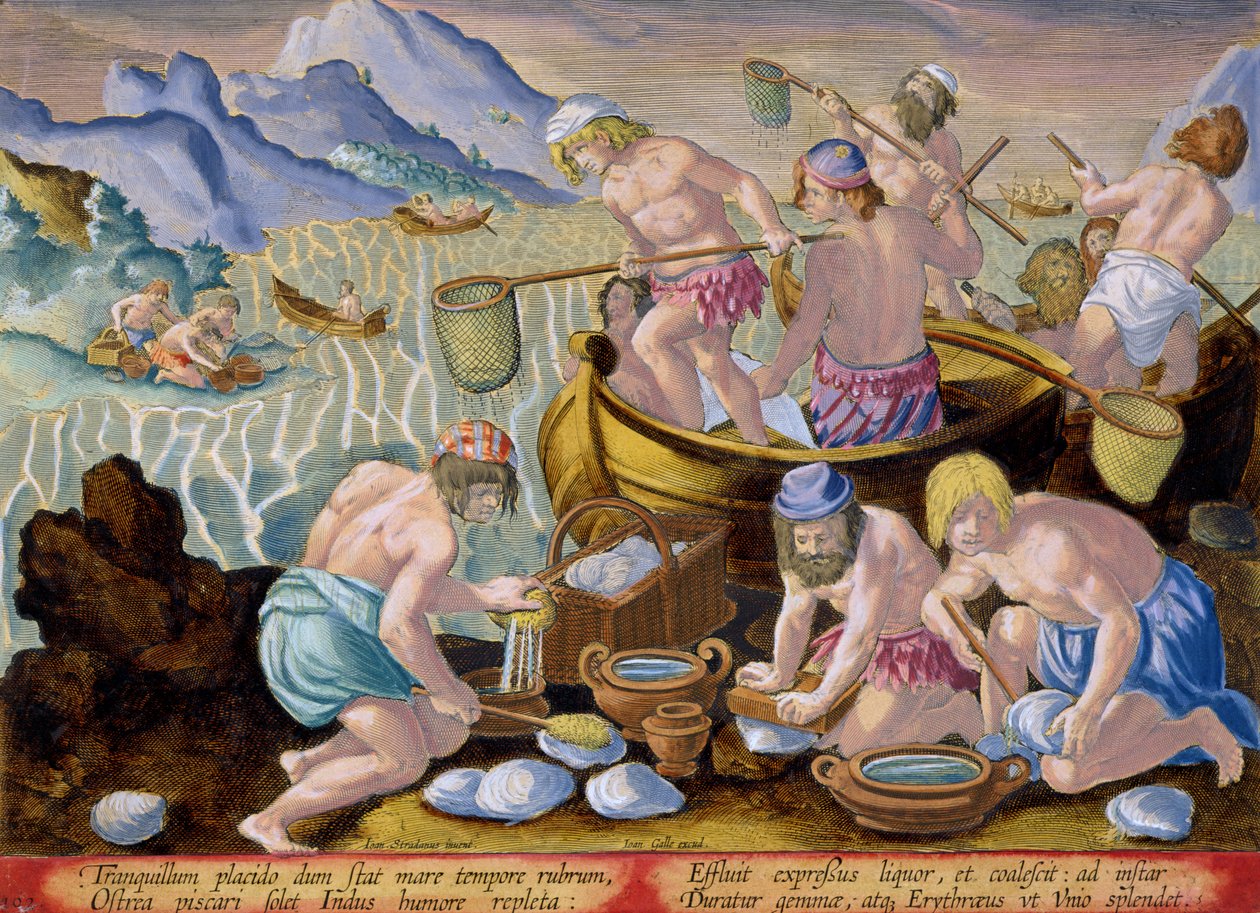 Nativos Pescando Amêijoas Gigantes no Indo, prato 102 de &39;Venationes Ferarum, Avium, Piscium&39; (De Caça: Animais Selvagens, Pássaros, Peixes) gravado por Jan Collaert (1566-1628) publicado por Phillipus Gal de Jan van der Straet