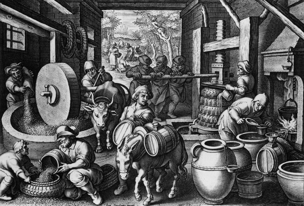 azeite, placa 12 a partir de Nova Reperta &39;gravado por Philip Galle, c.1580-1605 de Jan van der Straet