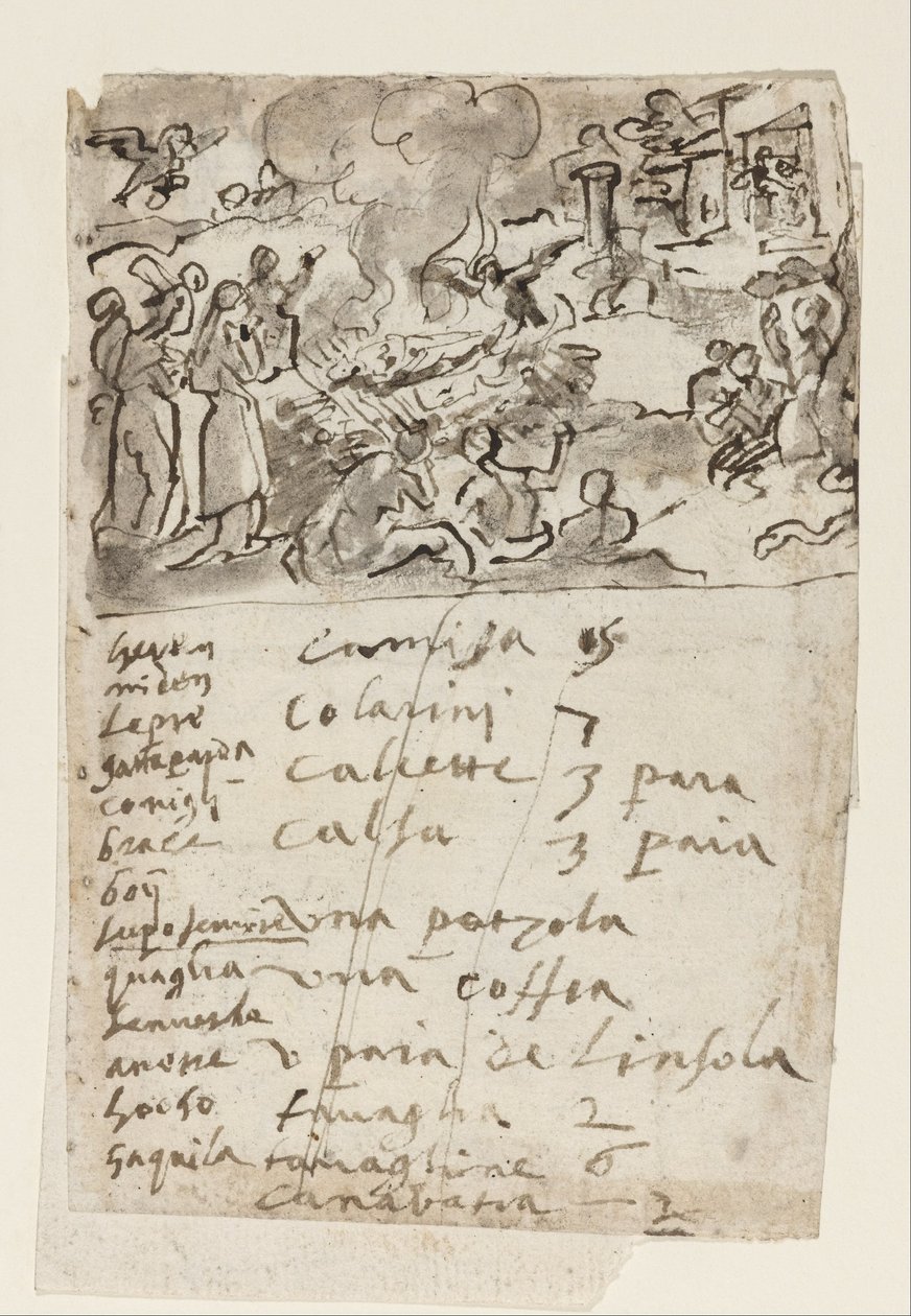 Página de um Sketchbook - mostrando uma cena de uma cremação de Jan van der Straet