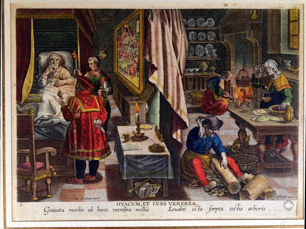 Preparação e Uso de Guayaco para Tratar Sífilis, gravado por Philip Galle (1537-1612) c.1570 (ver também 91596) de Jan van der Straet