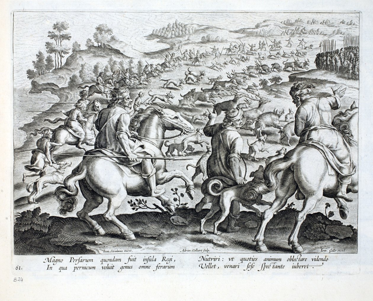 Régua da Pérsia dando a ordem para &39;caçar&39;, ilustração de &39;Venationes, Ferarum, Avium, Piscium&39; (de caça: feras, pássaros, peixes), gravada por Jan Collaert (1566-1628), pub. por Phillipus Gall de Jan van der Straet