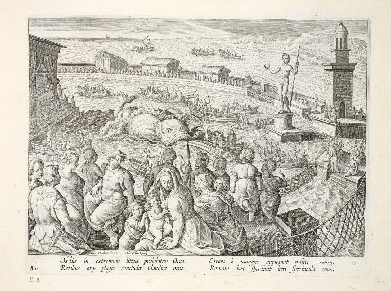 Monstro do mar atacando um barco durante um espetáculo em um recinto da Marinha em Ostia, placa 85, ilustração de &39;Venationes, Ferarum, Avium, Piscium&39; (de caça: feras, pássaros, peixes), gravada por Ja de Jan van der Straet