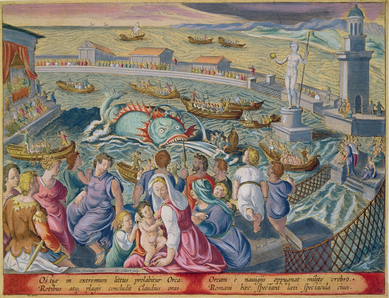 Monstro do mar atacando um barco durante um espetáculo em um recinto da Marinha em Ostia, placa 85 de &39;Venationes Ferarum, Avium, Piscium&39; (de caça: feras, pássaros, peixes) gravada por Jan Collaert (1566 de Jan van der Straet