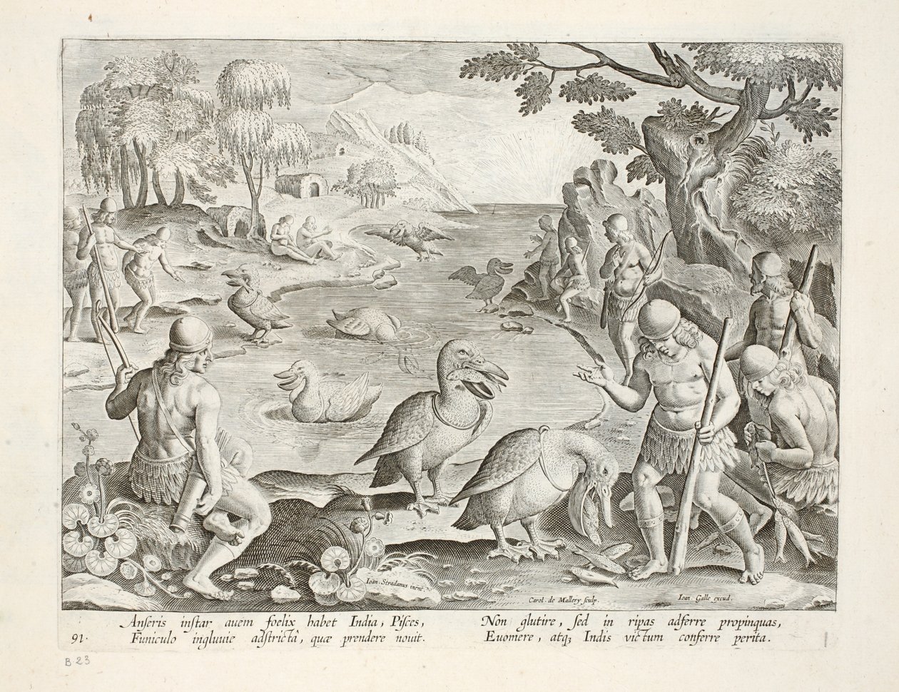 Selvagens semi-nus da Índia usando pelicanos para pescar peixes, placa 91, ilustração de &39;Venationes, Ferarum, Avium, Piscium&39; (de caça: feras, pássaros, peixes), gravada por Jan Collaert (1566-1628) de Jan van der Straet