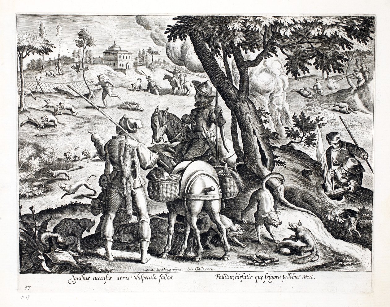 Fumando raposas negras fora de suas tocas, ilustração de &39;Venationes, Ferarum, Avium, Piscium&39; (de caça: feras, pássaros, peixes), gravada por Jan Collaert (1566-1628), pub. por Phillipus Gallaeus, de Jan van der Straet