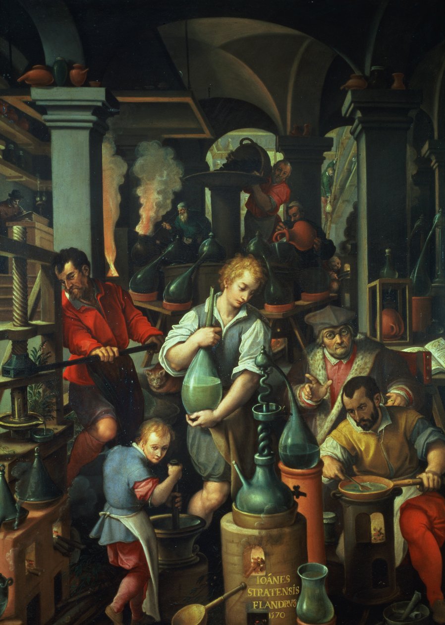 Oficina do Alquimista, 1570 (óleo sobre ardósia) de Jan van der Straet