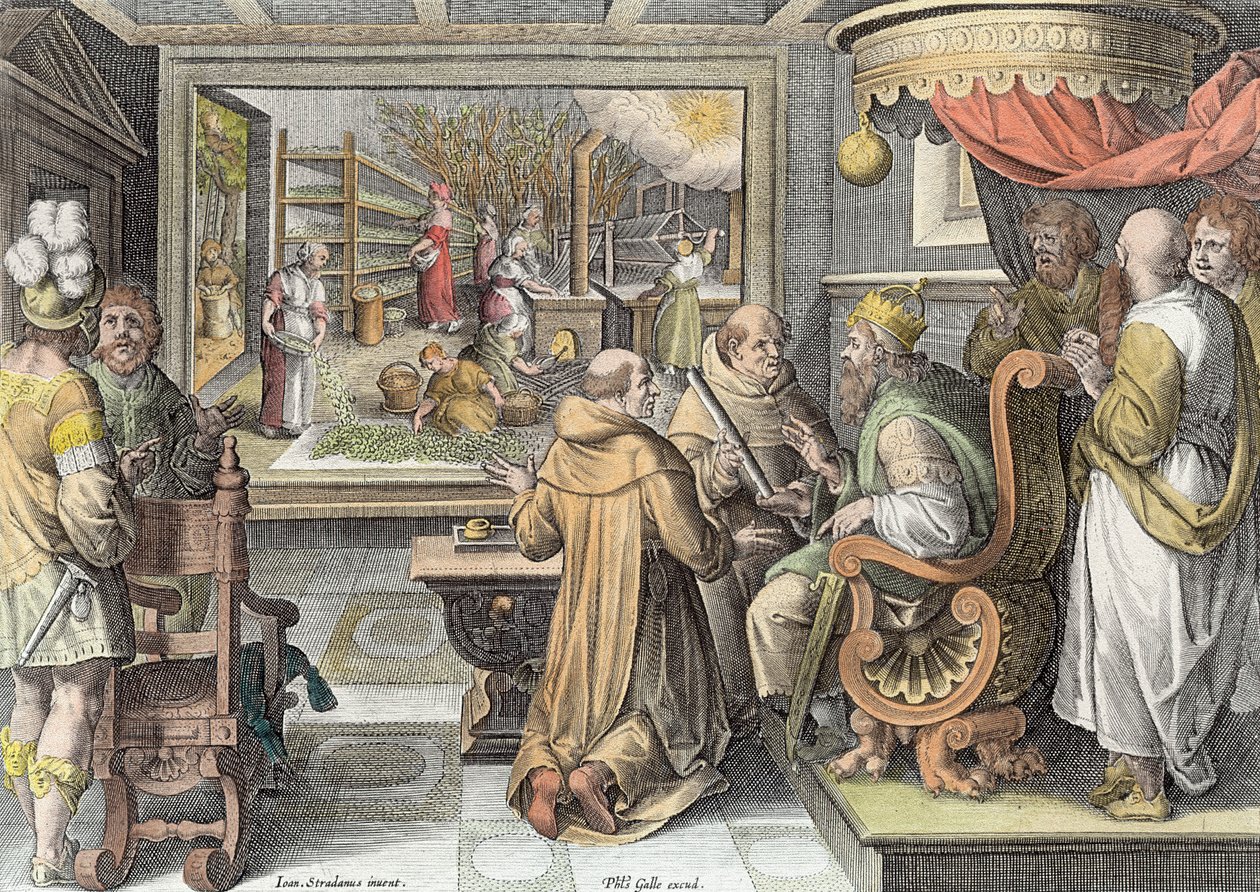 O início da indústria da seda na Europa, placa 9 de "Nova Reperta" (novas descobertas) gravada por Philip Galle (1537-1612) c.1600 (posterior coloração) de Jan van der Straet