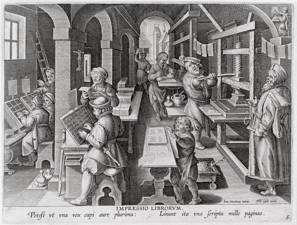 The Development of Printing, placa 5 de &39;Nova Reperta&39; (Nova Descoberta) gravada por Philip Galle (1537-1612) c.1600 de Jan van der Straet