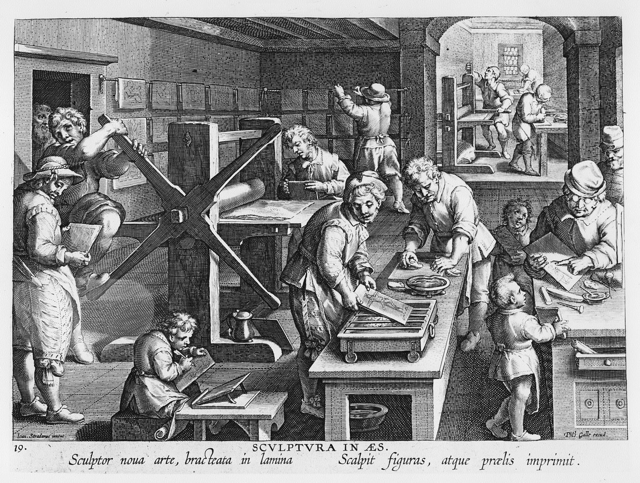 A invenção da gravura em cobre, prato 20 de &39;Nova Reperta&39; (novas descobertas) gravada por Philip Galle (1537-1612) c.1600 de Jan van der Straet