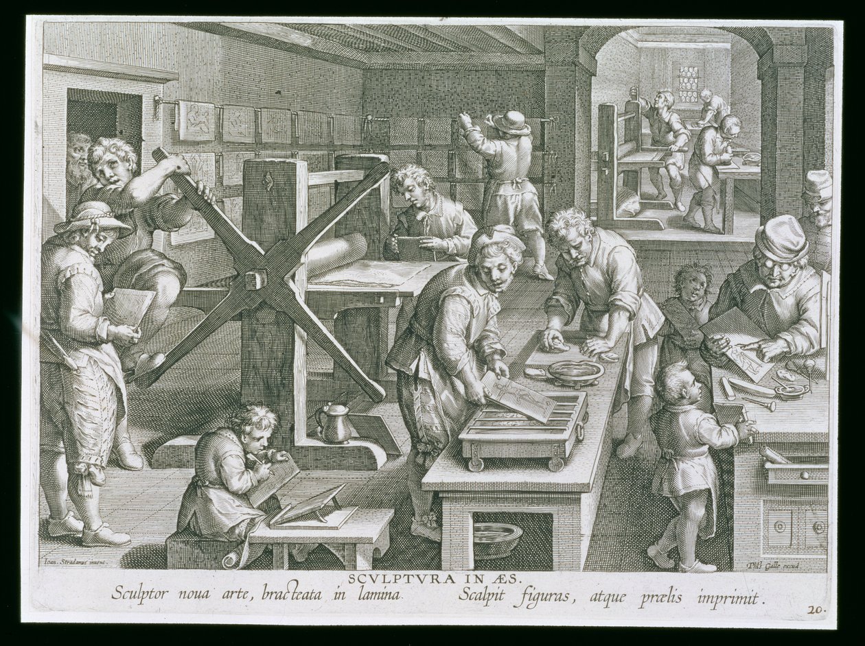 A invenção da gravura em cobre, prato 20 de &39;Nova Reperta&39; (novas descobertas) gravada por Philip Galle (1537-1612) c.1600 de Jan van der Straet