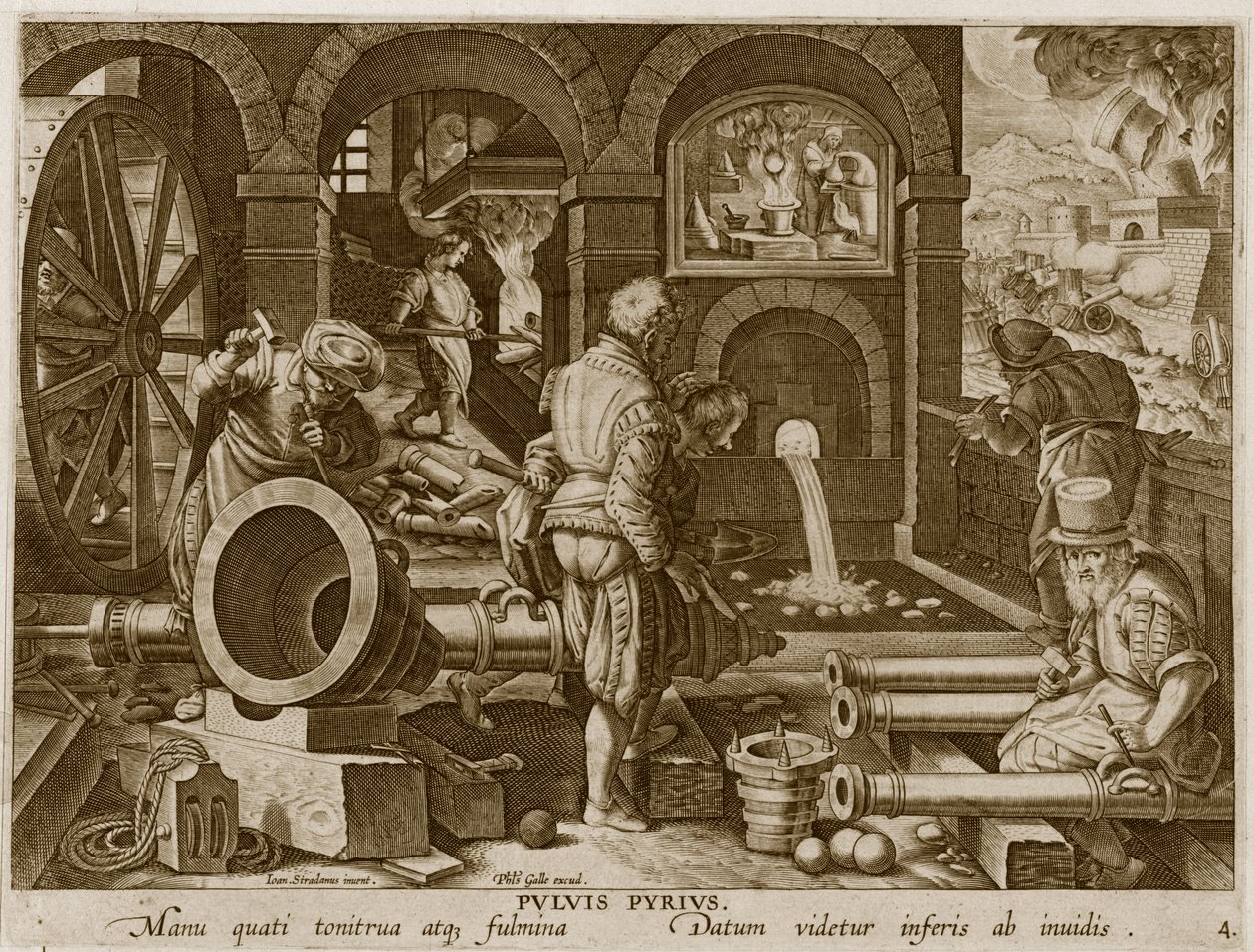 A Invenção da Pólvora e a Primeira Fundição do Canhão de Bronze, placa 4 de "Nova Reperta" (Novas Descobertas) gravada por Philip Galle (1537-1612) c.1600 de Jan van der Straet