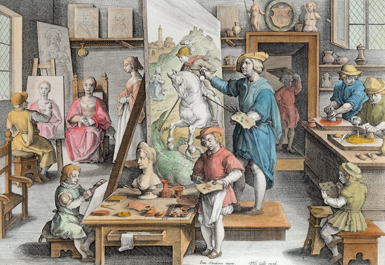 A invenção da tinta a óleo, placa 15 de "Nova Reperta" (novas descobertas) gravada por Philip Galle (1537-1612) c.1600 (posterior coloração) de Jan van der Straet