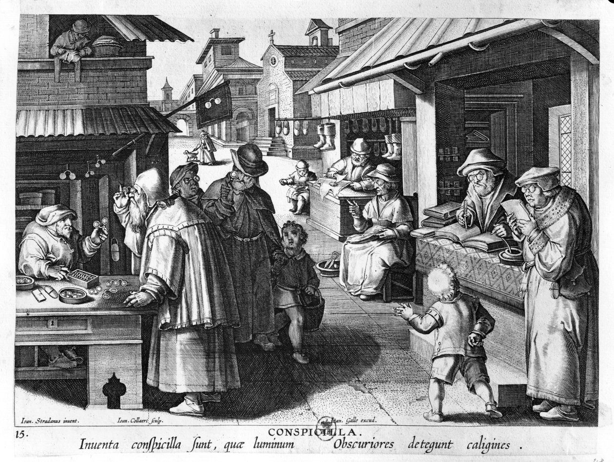 O vendedor de óculos, gravado por Jan Collaert e Joan Galle (1600-76) de Jan van der Straet