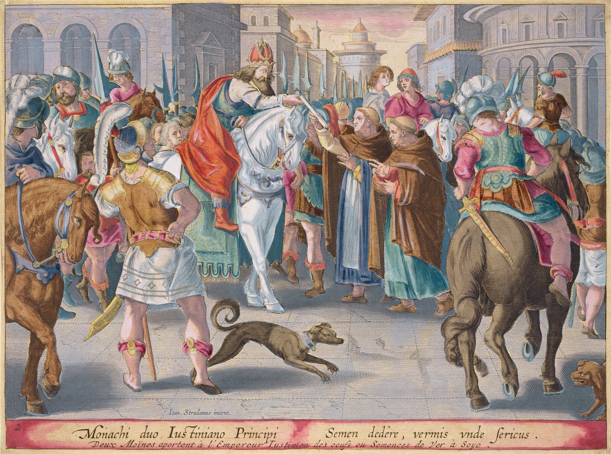 Dois monges apresentam bichos-da-seda Contrabandeados da China para o Imperador Justiniano, placa 2 de "Vermis Sericus" (O Bicho-da-seda) gravada por Philip Galle (1537-1612) de Jan van der Straet