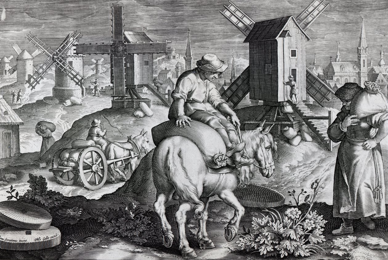 Moinhos de vento, placa 12 de &39;Nova Reperta&39;, gravada por Philip Galle, c.1580-1605 de Jan van der Straet