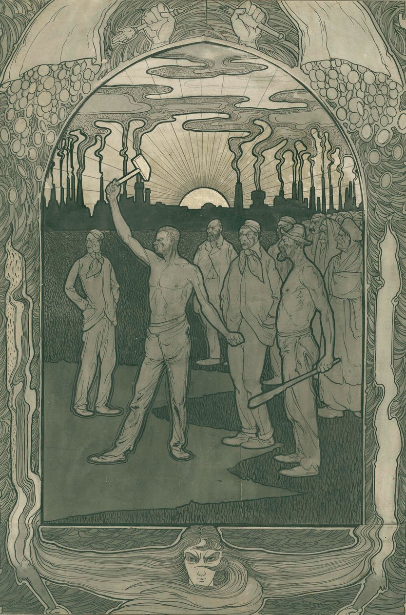 Trabalhadores de fábrica estão unidos fortes, 1900 (caneta no papel) de Jan van der Vaardt