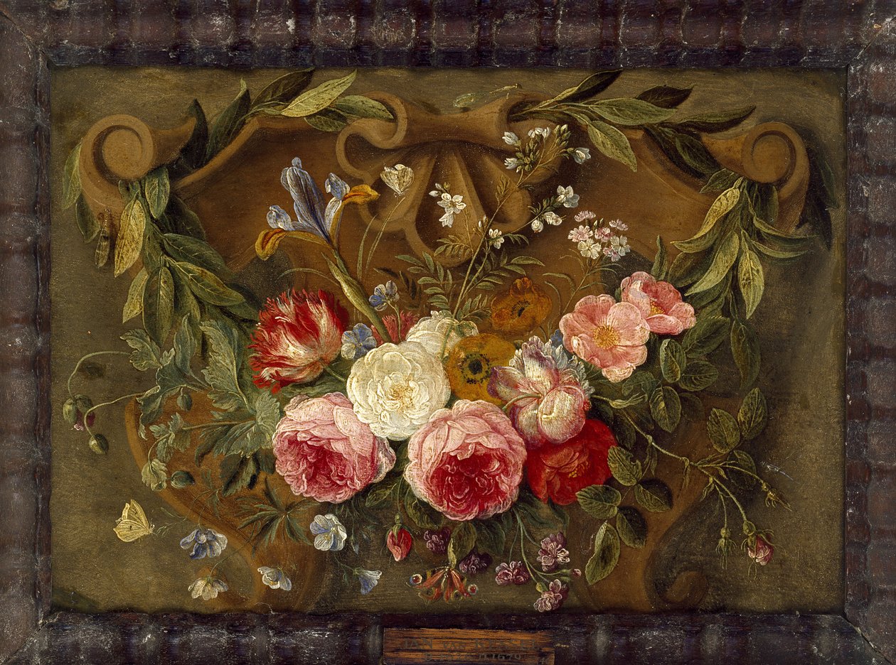 Composição decorativa de vida-morta com uma guirlanda de flores (óleo sobre cobre) de Jan van Kessel the Elder
