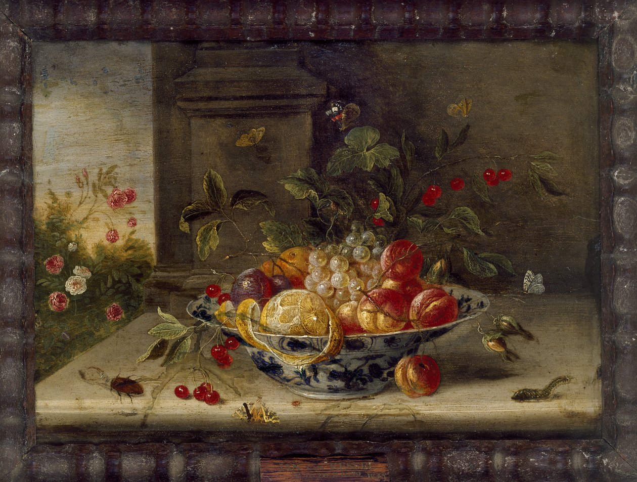 Composição Decorativa de Natureza-Morta com Tigela de Porcelana, Fruta e Insetos (óleo sobre cobre) de Jan van Kessel the Elder