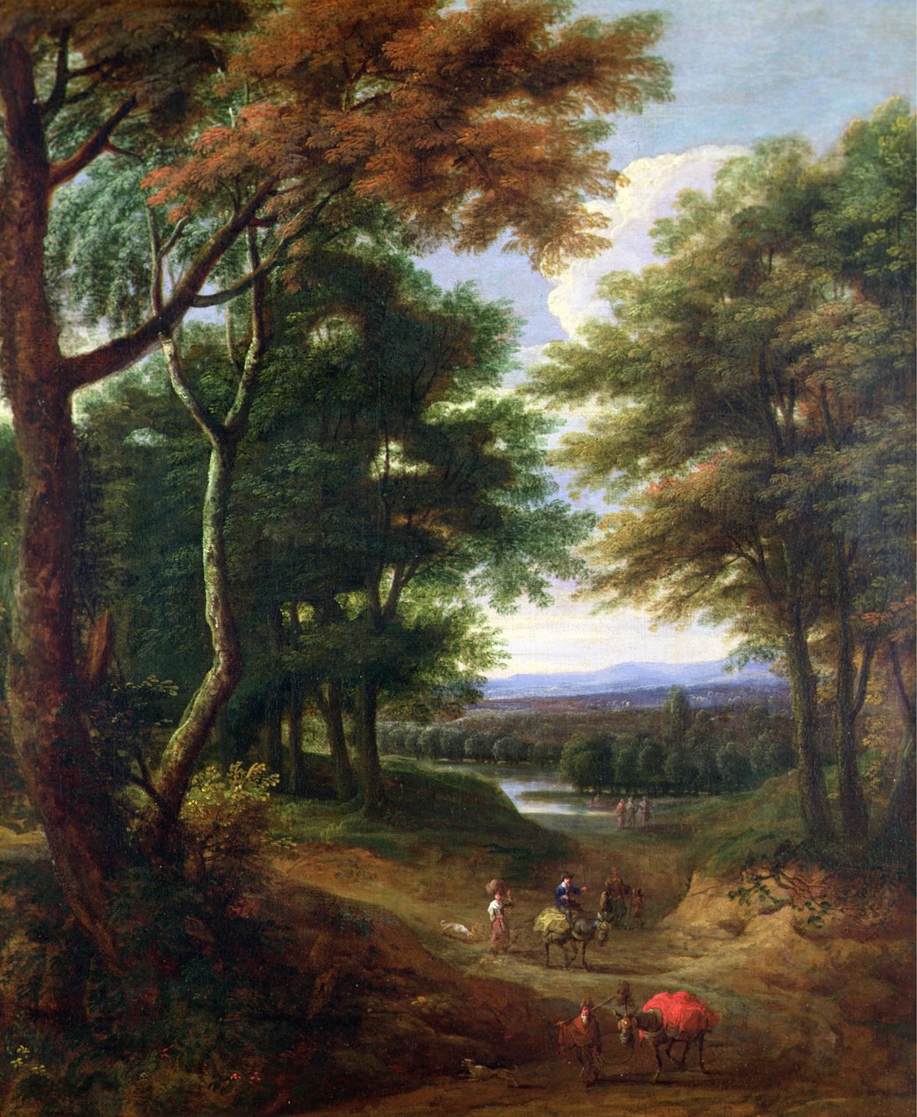 Paisagem arborizada com viajantes em um caminho de Jan Baptist Huysmans