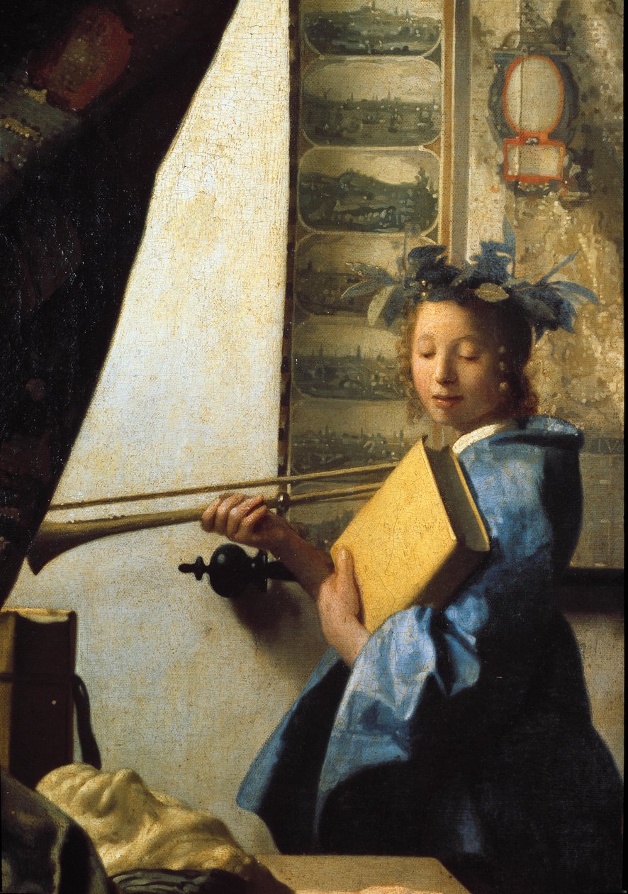 A arte da pintura ou a oficina do pintor. Detalhe do modelo posando para o pintor. 1665 (óleo sobre tela) de Johannes Vermeer