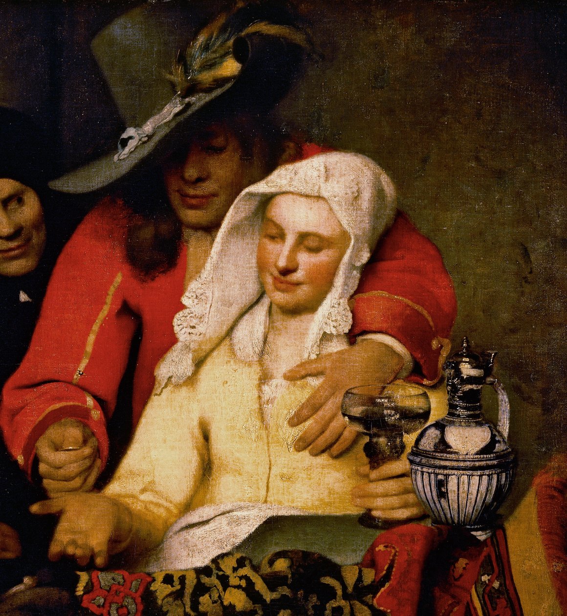 Um homem estende uma moeda a uma mulher tocando seu peito, detalhe de The Procuress de Johannes Vermeer