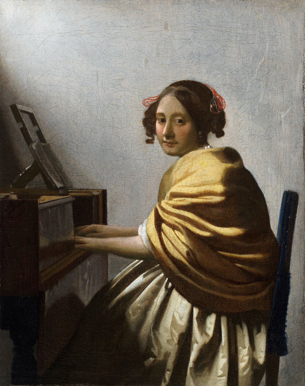 "Jeune femme assise au virginal" (Uma Jovem Mulher sentada numa Virginal) Peinture de Jan Vermeer (Johannes) (1632-1675) vers 1670 Dim 25,1x20 cm Colecção privee de Johannes Vermeer