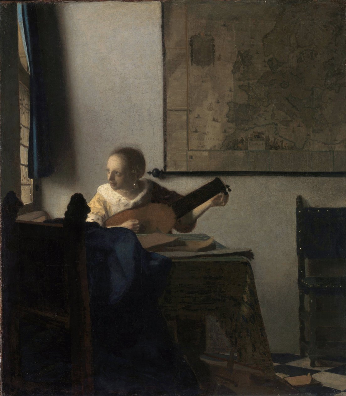 A Mulher no Alaúde - Pintura de Johannes Vermeer (Vermeer de Delft) (1632-1675), óleo sobre tela, cerca de 1663, 51,4x45,7 cm. O Museu Metropolitano de Arte, Nova York de Johannes Vermeer