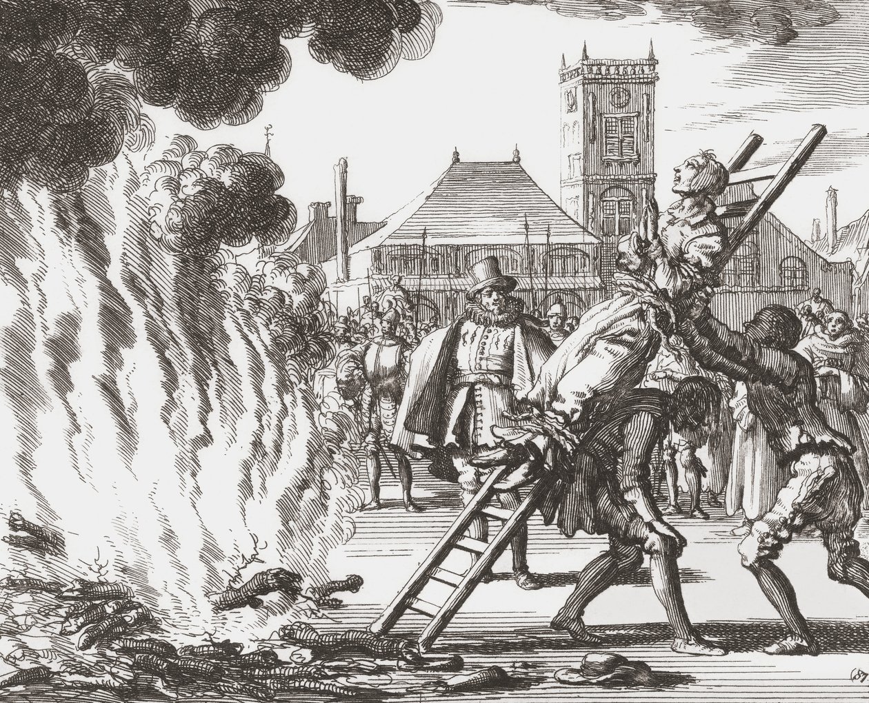 Uma bruxa condenada a ser queimada viva na Holanda do século XVI de Jan (after) Luyken