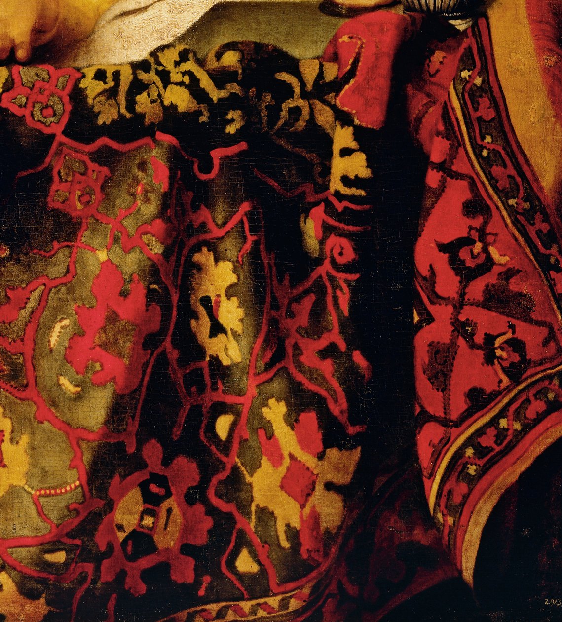 Vestido bordado, detalhe de The Procuress de Jan (attr. to) Vermeer