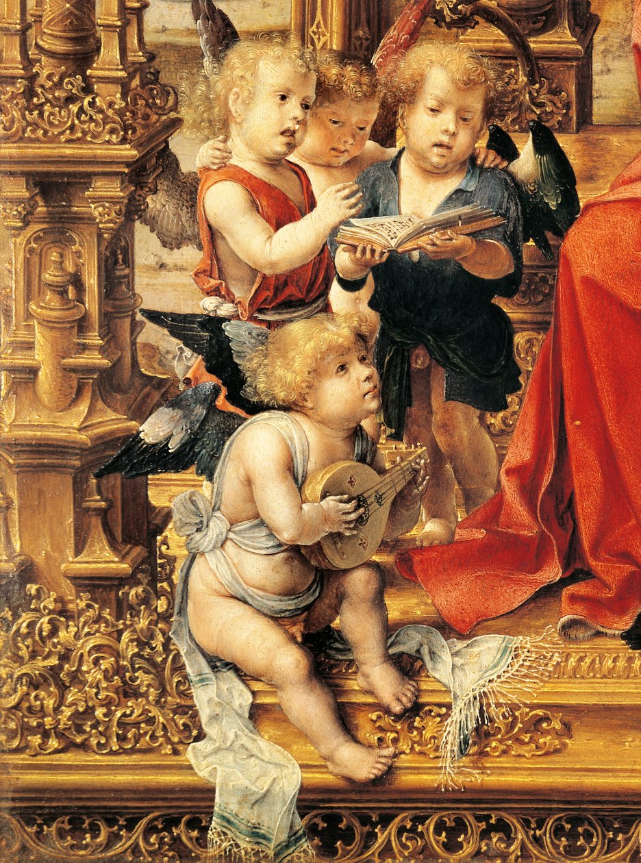 Anjos tocando instrumentos musicais, detalhe do painel central do tríptico de Malvern de Jan (c.1472 c.1533) Gossaert